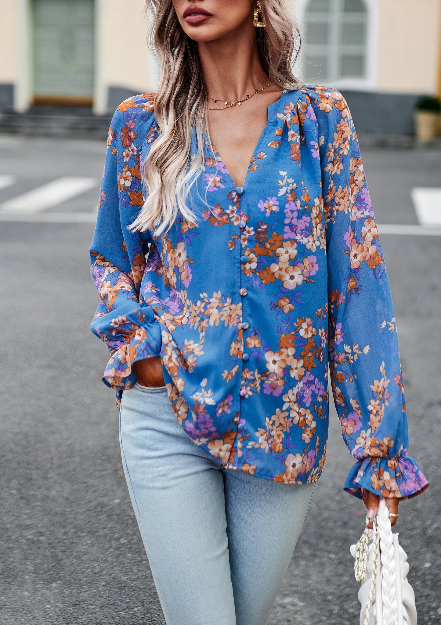 ePretty - Floral Button Down Long Sleeve Blouse SZ25-TP32012: Beige / XL