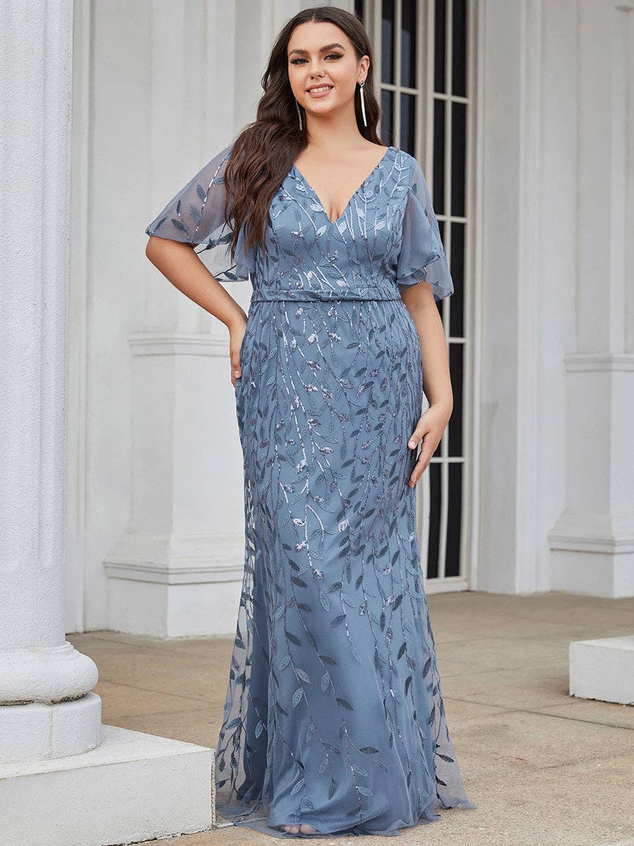 Ever-Pretty - Plus Size V Neck Mermaid Sequin & Tulle Evening Dress: Dark Green / 24