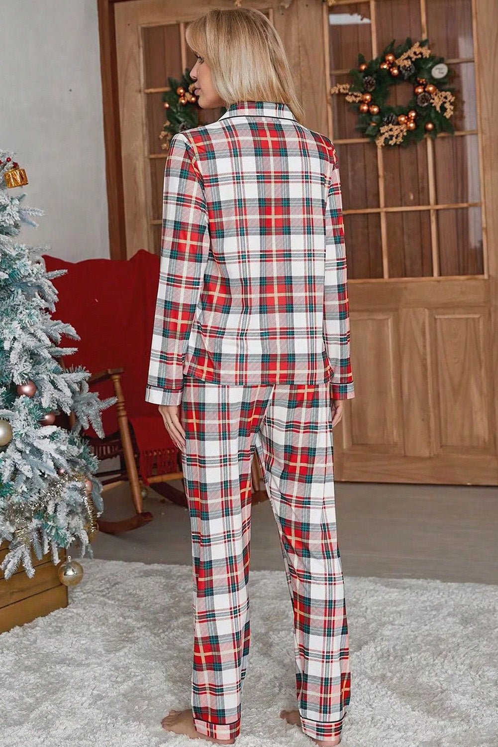 Plaid Long Sleeve Shirt and Pants Pajama Set