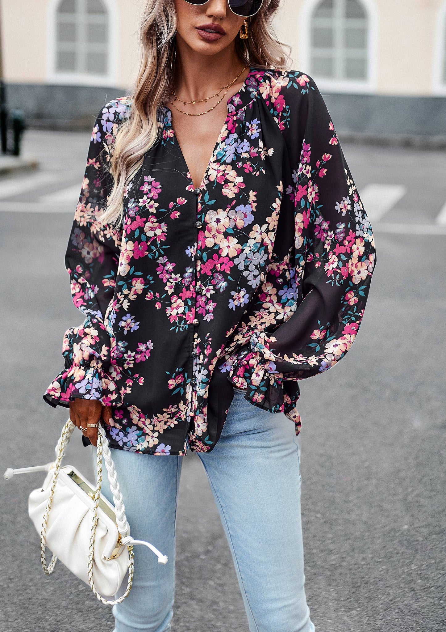 ePretty - Floral Button Down Long Sleeve Blouse SZ25-TP32012: Beige / XL