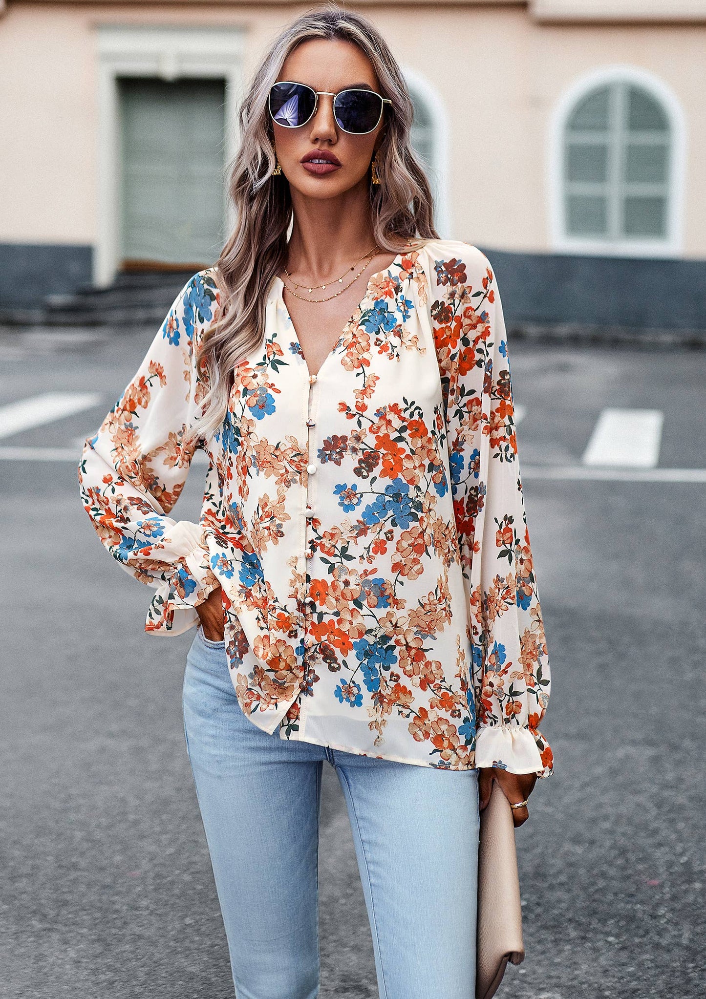 ePretty - Floral Button Down Long Sleeve Blouse SZ25-TP32012: Beige / L