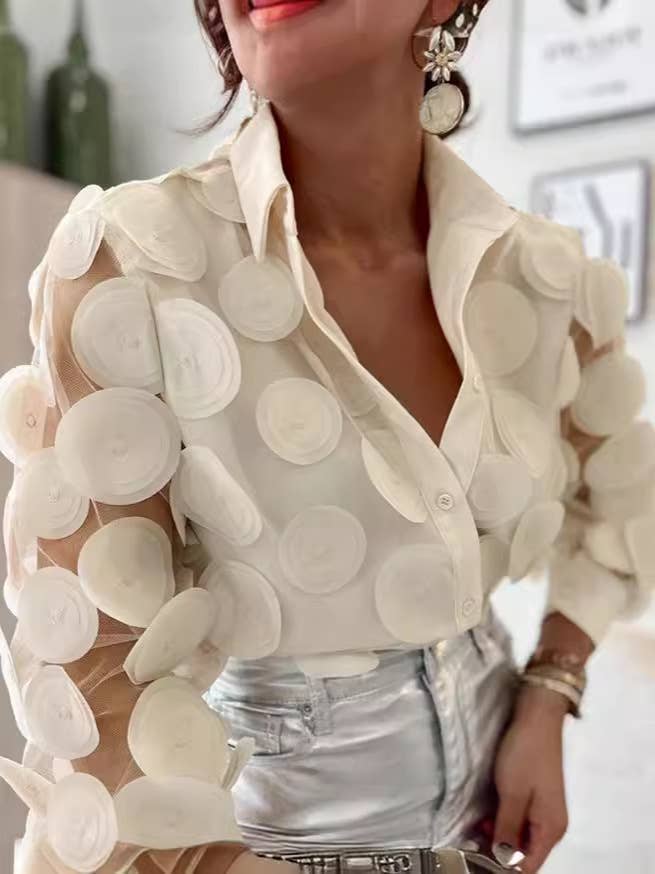 UZ Wholesale Sheer Mesh Embroidered Long Sleeve Shirt: L