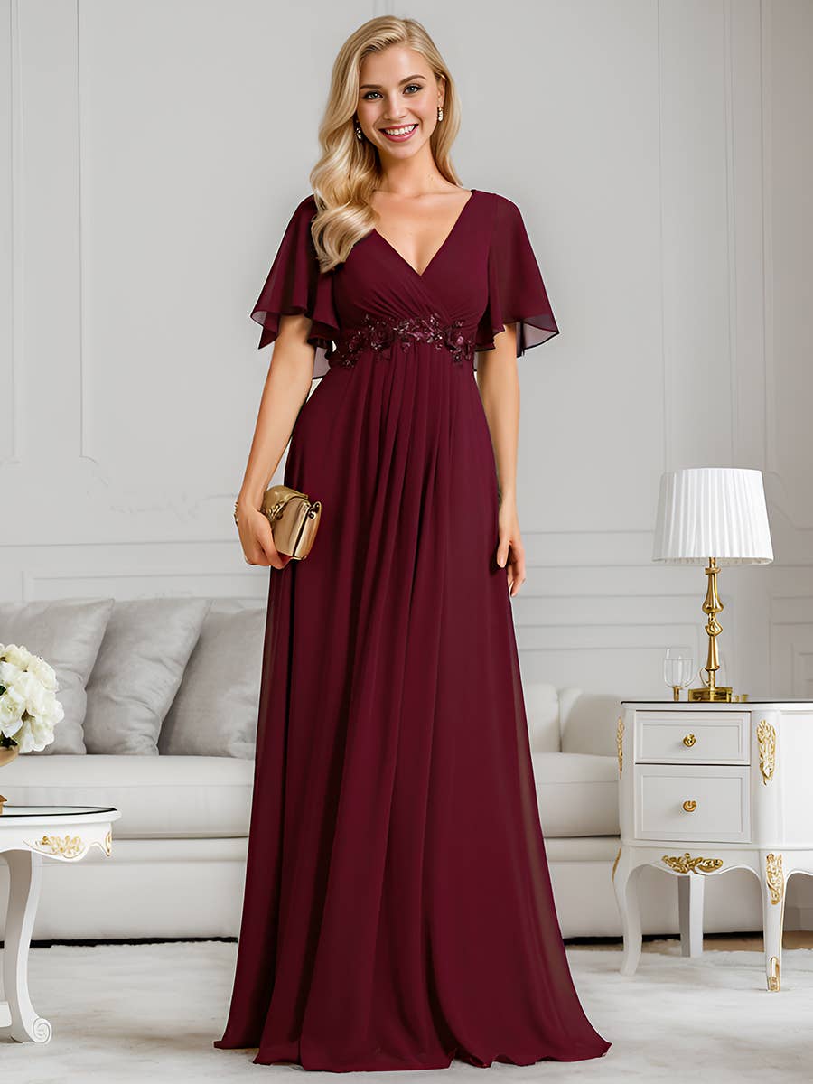 Ever-Pretty - V Neck Appliques Pleated Bridesmaid Dress: Dark Green / 24
