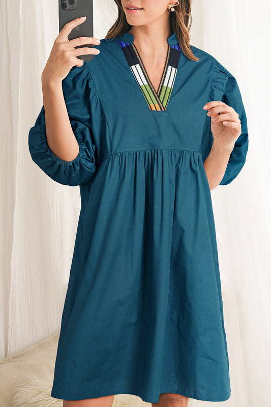Blue Sapphire Patchwork V Neck Puff Sleeve Pleated Mini Dress