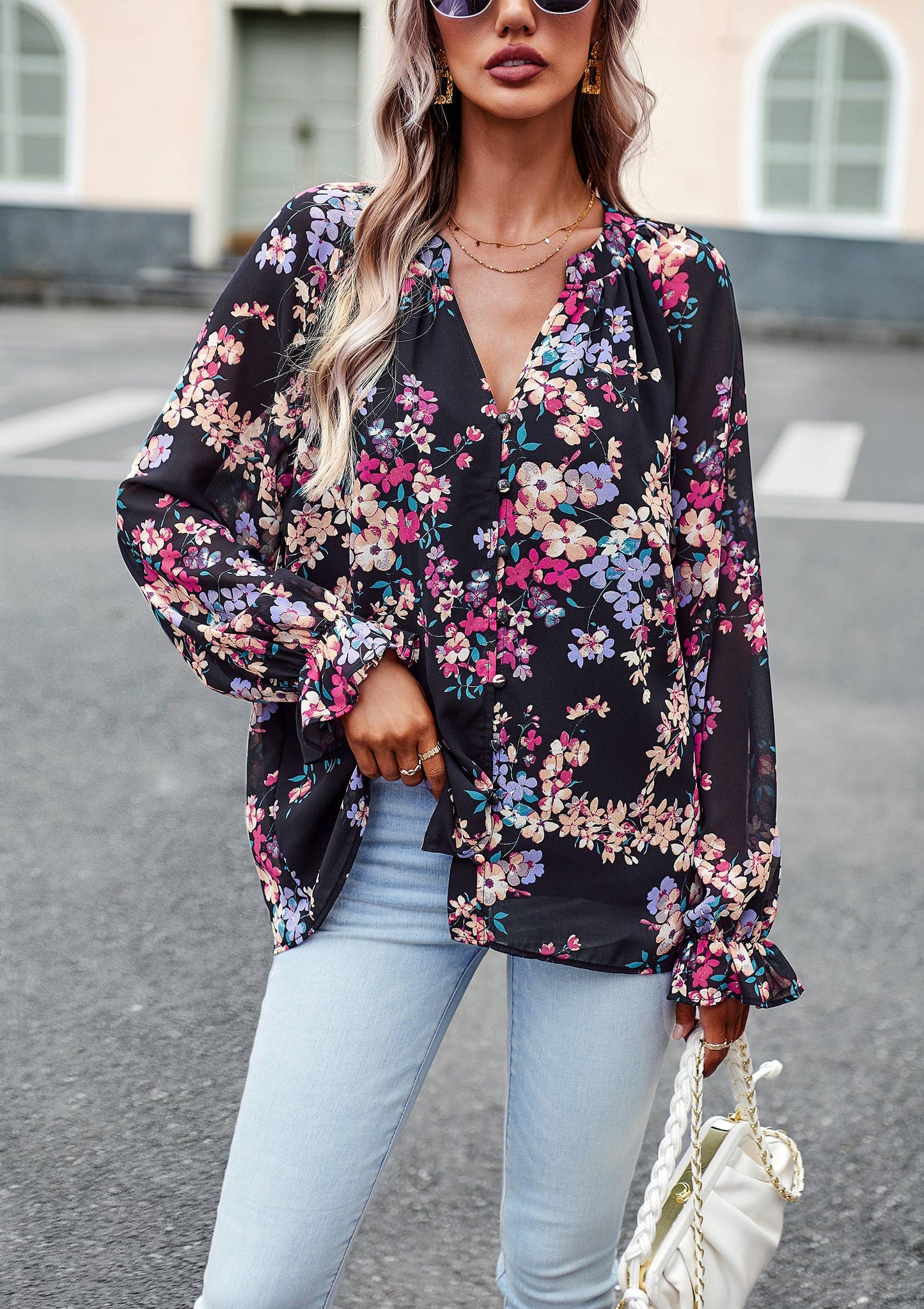 ePretty - Floral Button Down Long Sleeve Blouse SZ25-TP32012: Beige / XL