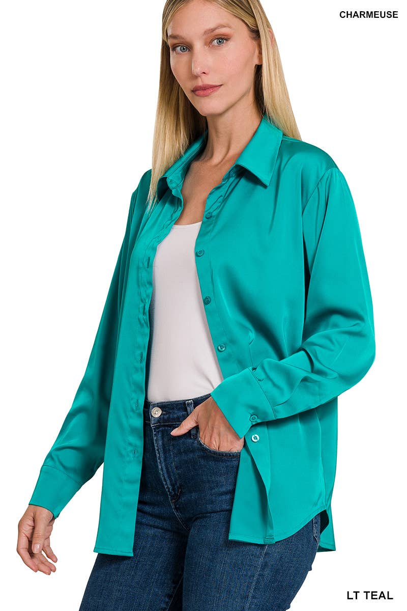 42POPS - ....SI-23622 SATIN CHARMEUSE BUTTON FRONT SHIRT: RUBY-153925 / XL