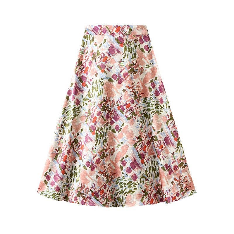 UZ Wholesale Store - Brilliant Satin Print Elastic Waist Drop Skirt: PINK / XL