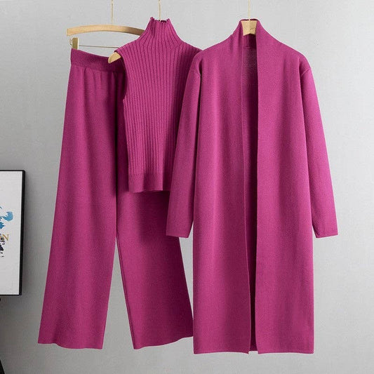 UZ Wholesale Store - Knitted Vest, Cardigan, And Pants Set: ROSE RED / One_size