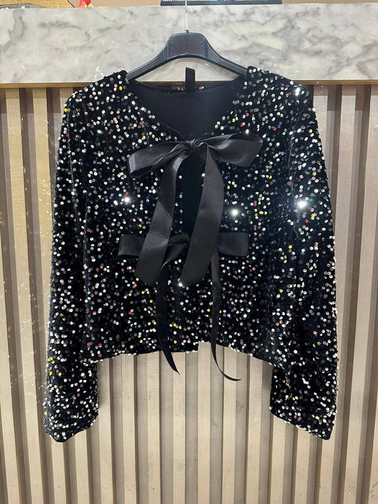 LOOWIE Italian Starlit Sequin Bow Cardigan Black