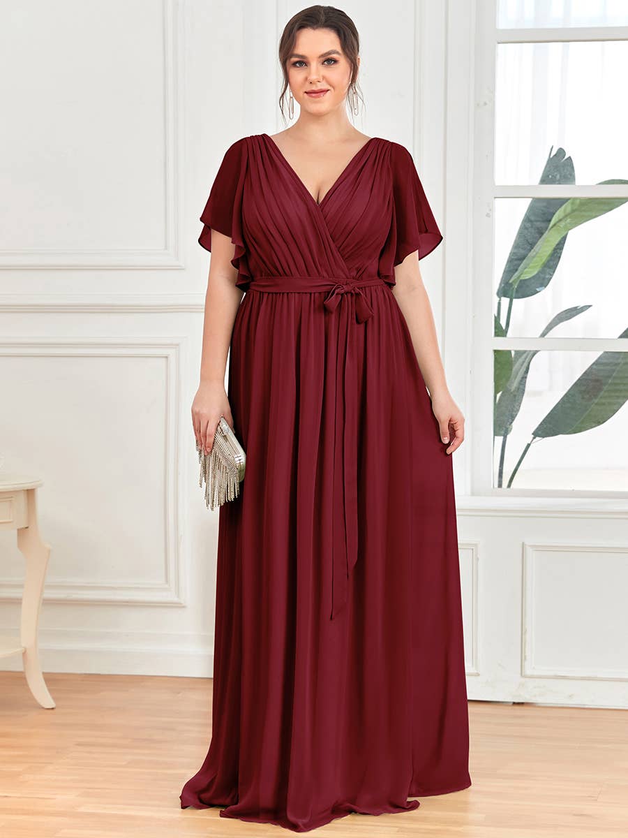 Ever-Pretty - Plus Size Belted Chiffon Bridesmaid Dress: Dark Green / 24